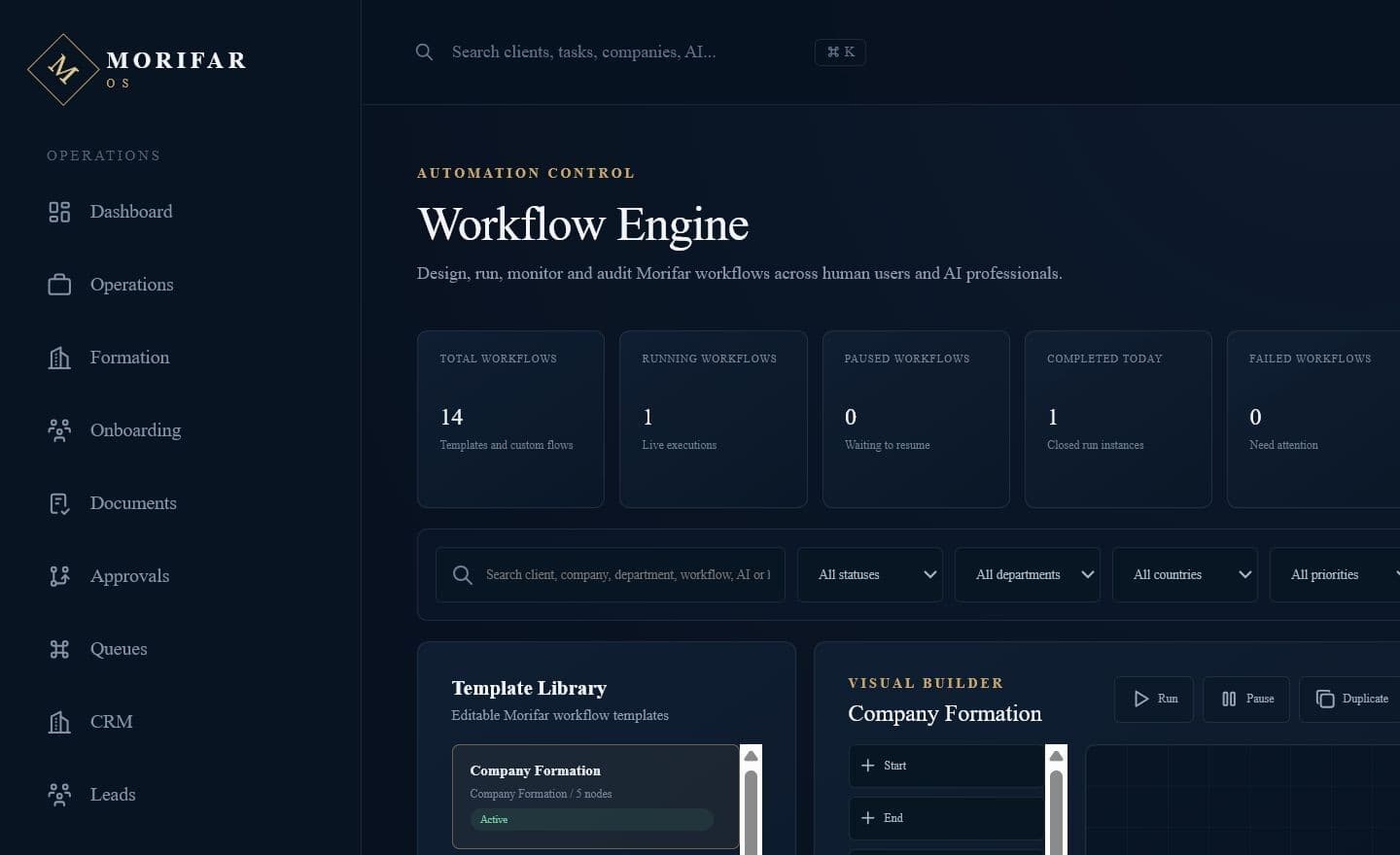 Morifar OS Workflow Engine with template library, status controls and visual workflow builder