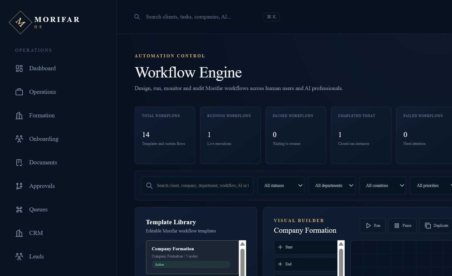 Morifar OS Workflow Engine with template library, status controls and visual workflow builder